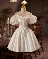 White Satin Puff Sleeve Lace Homecoming Dress