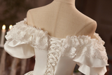 White Satin Puff Sleeve Lace Homecoming Dress