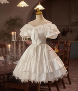 White Satin Lace Short Sleeve Homecoming Dress