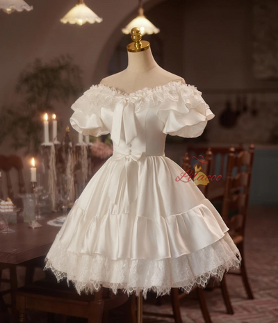 White Satin Lace Short Sleeve Homecoming Dress