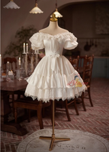 White Satin Lace Short Sleeve Homecoming Dress