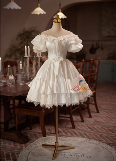 White Satin Lace Short Sleeve Homecoming Dress
