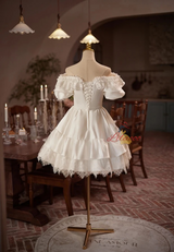 White Satin Lace Short Sleeve Homecoming Dress