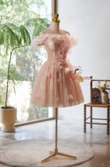 Pink Tulle Sequins Flower Homecoming Dress