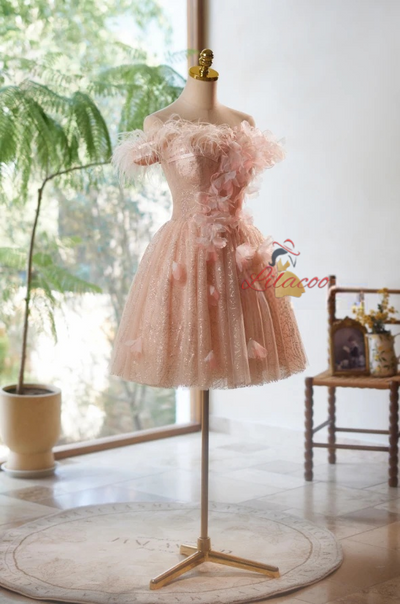 Pink Tulle Sequins Flower Homecoming Dress