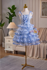 Blue Tulle Straps Bow Homecoming Dress