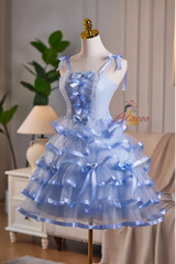 Blue Tulle Straps Bow Homecoming Dress
