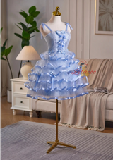 Blue Tulle Straps Bow Homecoming Dress