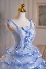 Blue Tulle Straps Bow Homecoming Dress