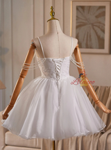 White Tulle Straps Pearls Homecoming Dress