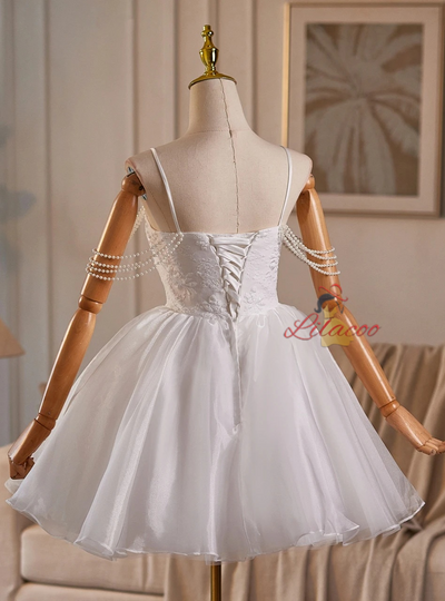 White Tulle Straps Pearls Homecoming Dress