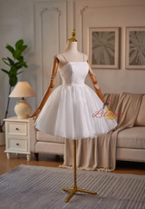 White Tulle Straps Pearls Homecoming Dress