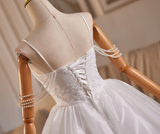 White Tulle Straps Pearls Homecoming Dress