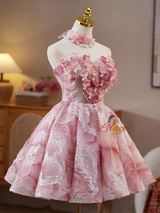 Pink Sequins Tulle Strapless Flower Homecoming Dress