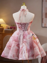 Pink Sequins Tulle Strapless Flower Homecoming Dress