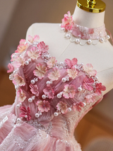 Pink Sequins Tulle Strapless Flower Homecoming Dress