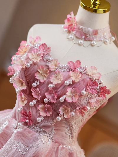 Pink Sequins Tulle Strapless Flower Homecoming Dress