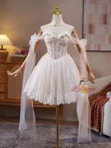 White Lace Off the Shoulder Flower Homecoming Dress