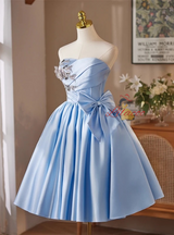 Blue Satin Strapless Bow Homecoming Dress