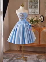 Blue Satin Strapless Bow Homecoming Dress