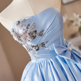 Blue Satin Strapless Bow Homecoming Dress