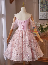 Pink Sequins Straps Flower Pleats Homecoming Dress