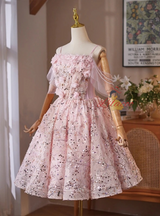 Pink Sequins Straps Flower Pleats Homecoming Dress