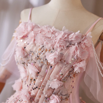 Pink Sequins Straps Flower Pleats Homecoming Dress