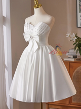 White Satin Strapless Pleats Bow Homecoming Dress