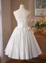 White Satin Strapless Pleats Bow Homecoming Dress