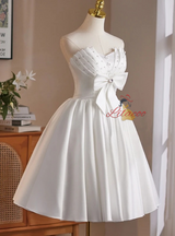White Satin Strapless Pleats Bow Homecoming Dress