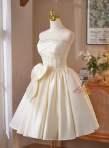 Ivory Satin Strapless Bow Homecoming Dress