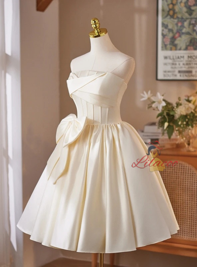 Ivory Satin Strapless Bow Homecoming Dress