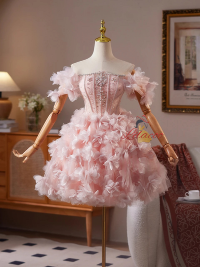 Pink Tulle 3D Flower Crystal Homecoming Dress