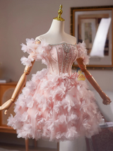 Pink Tulle 3D Flower Crystal Homecoming Dress