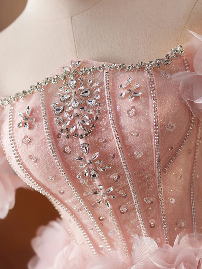 Pink Tulle 3D Flower Crystal Homecoming Dress