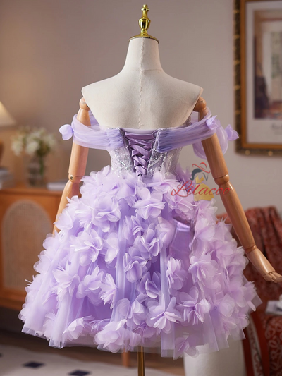 Purple Tulle Seuqins 3D Flower Homecoming Dress