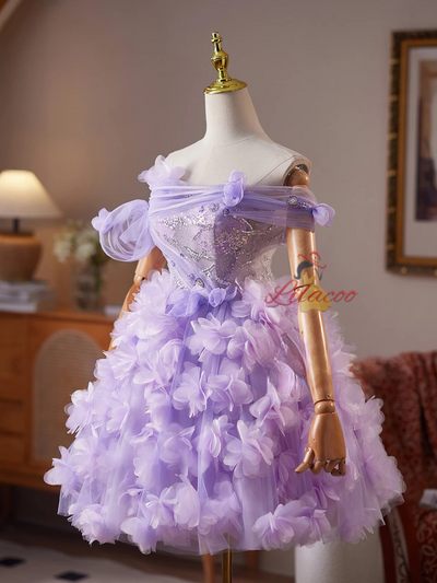 Purple Tulle Seuqins 3D Flower Homecoming Dress