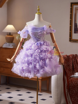 Purple Tulle Seuqins 3D Flower Homecoming Dress