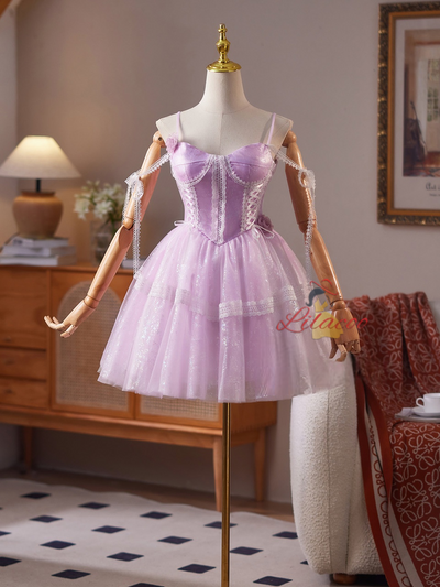 Purple Tulle Spaghetti Straps Homecoming Dress