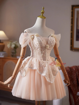 Champagne Tulle Off the Shoulder Flower Homecoming Dress