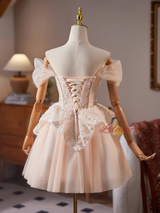 Champagne Tulle Off the Shoulder Flower Homecoming Dress