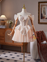 Champagne Tulle Off the Shoulder Flower Homecoming Dress