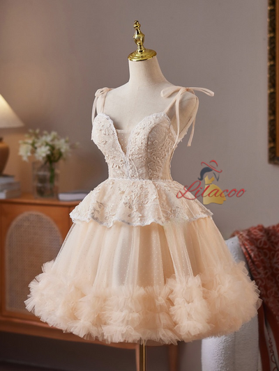 Champagne Tulle Lace Spaghetti Straps Homecoming Dress