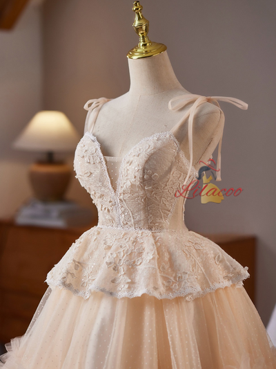 Champagne Tulle Lace Spaghetti Straps Homecoming Dress