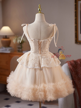 Champagne Tulle Lace Spaghetti Straps Homecoming Dress