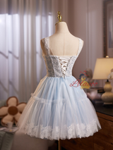 Light Blue Tulle Lace Homecoming Dress