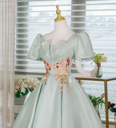 Green Puff Sleeve Appliques Homecoming Dress