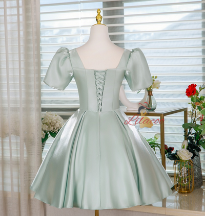 Green Puff Sleeve Appliques Homecoming Dress