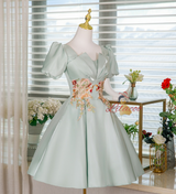 Green Puff Sleeve Appliques Homecoming Dress